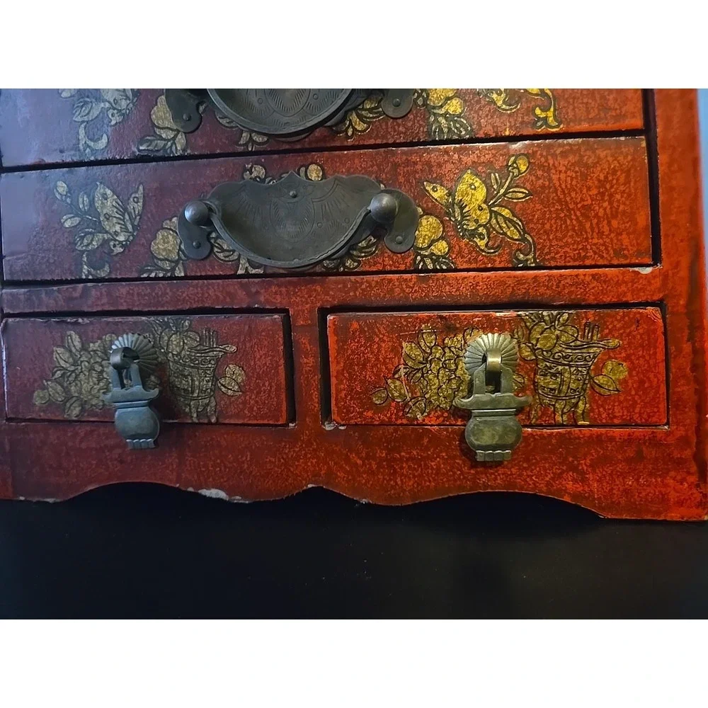 Old Chinese Red lacquerware Wood Dragon Phoenix Flower Drawer Makeup Box